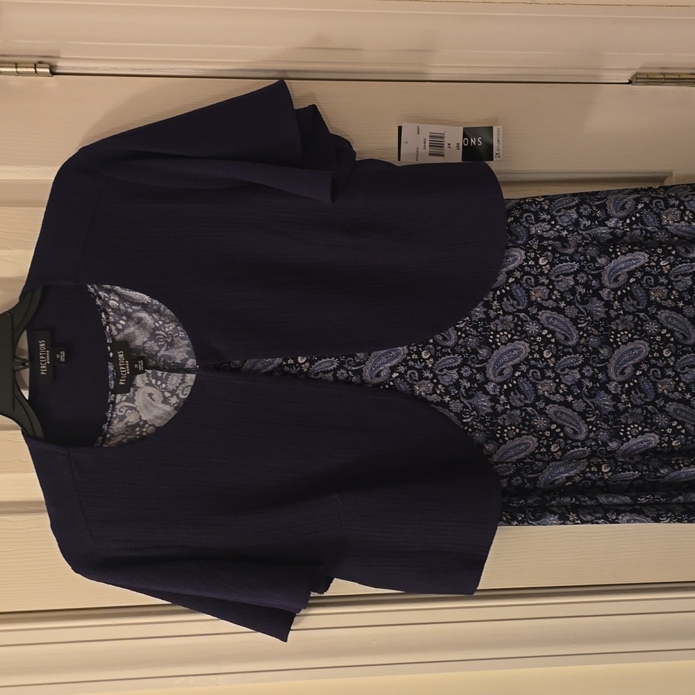 PERCEPTIONS NEW YORK BRAND WOMENS PLUS BLUE SLEEVELESS DRESS WITH SHRUG SIZE 2X